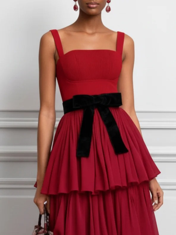 Red Ruffled Bow Chiffon Square Neck Gallus A-Line Maxi Dress