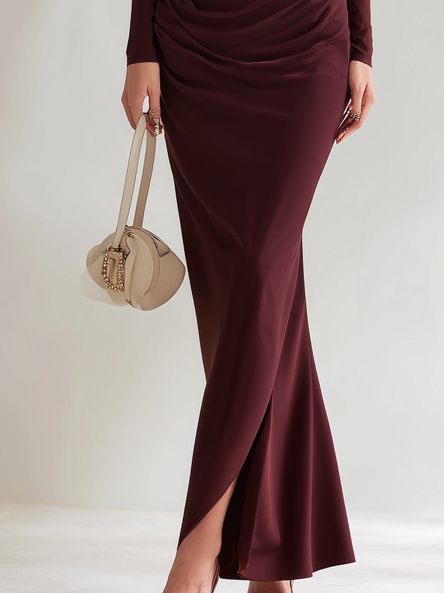 Burgundy Draped Off-Shoulder Halter Ruched Maxi Dress