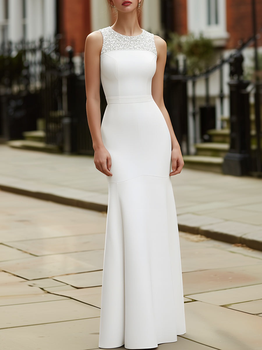 White Sequin Neckline Sleeveless Mermaid Maxi Dress