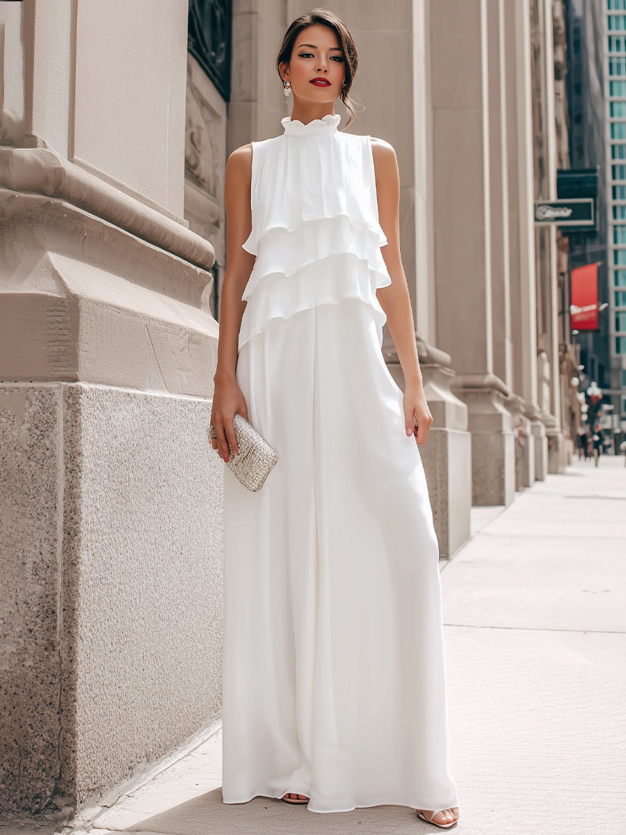 White Sleeveless Layered High-Neck Maxi Dress