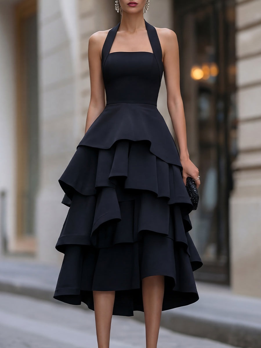 Black Halter-Neck Tiered Ruffle Midi Dress