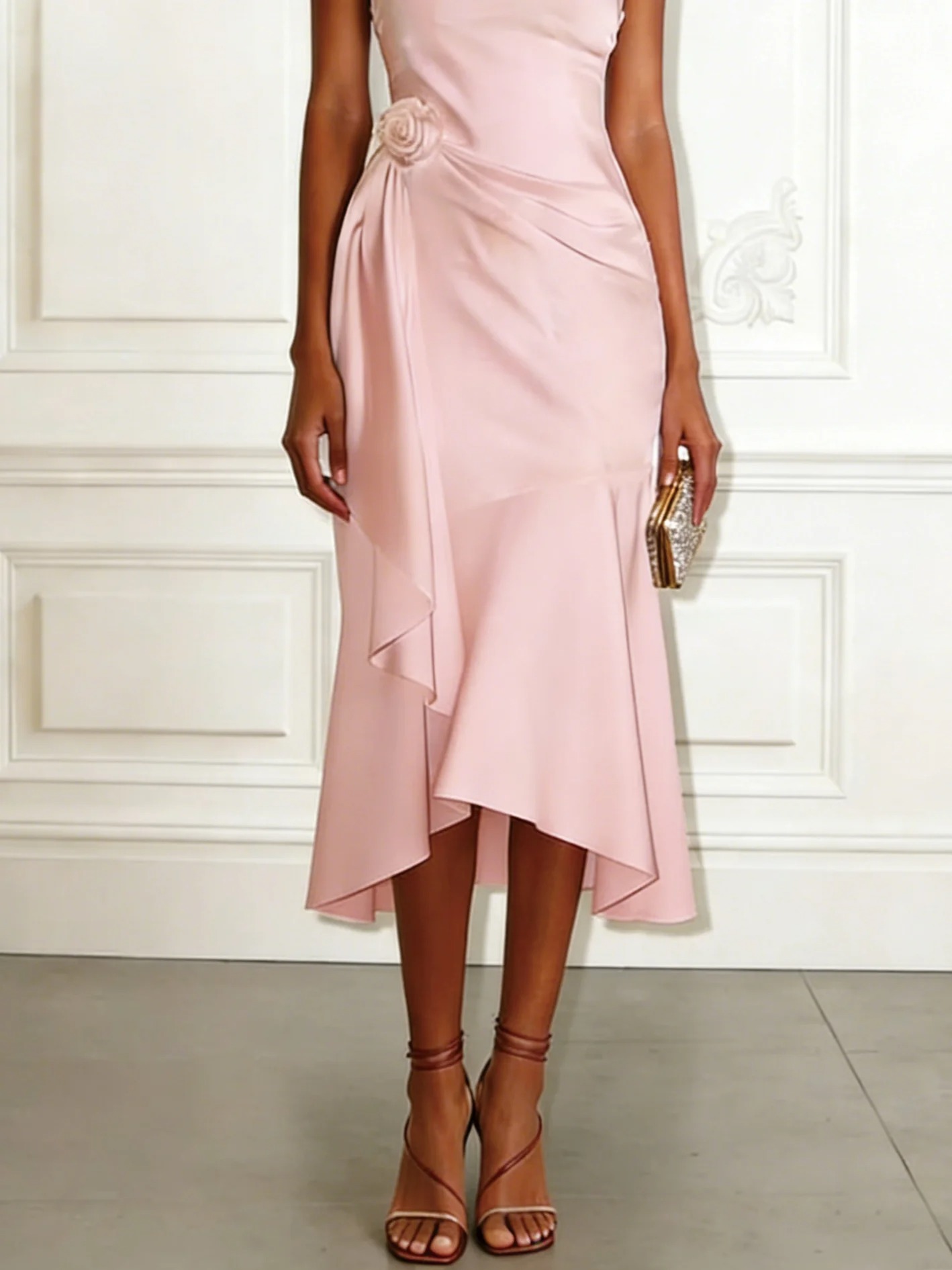 Pink 3D Floral Satin Halter Sleeveless Sheath Midi Dress