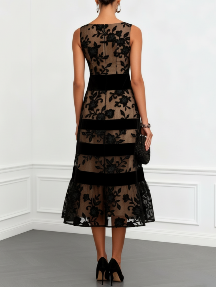 Black Mesh Lace Jacquard Boat Neck Sleeveless A-Line Midi Dress