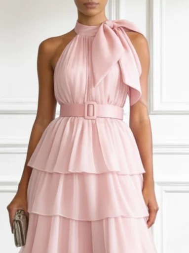 Pink Folds Bow Chiffon Mock Neck Sleeveless A-Line Midi Dress
