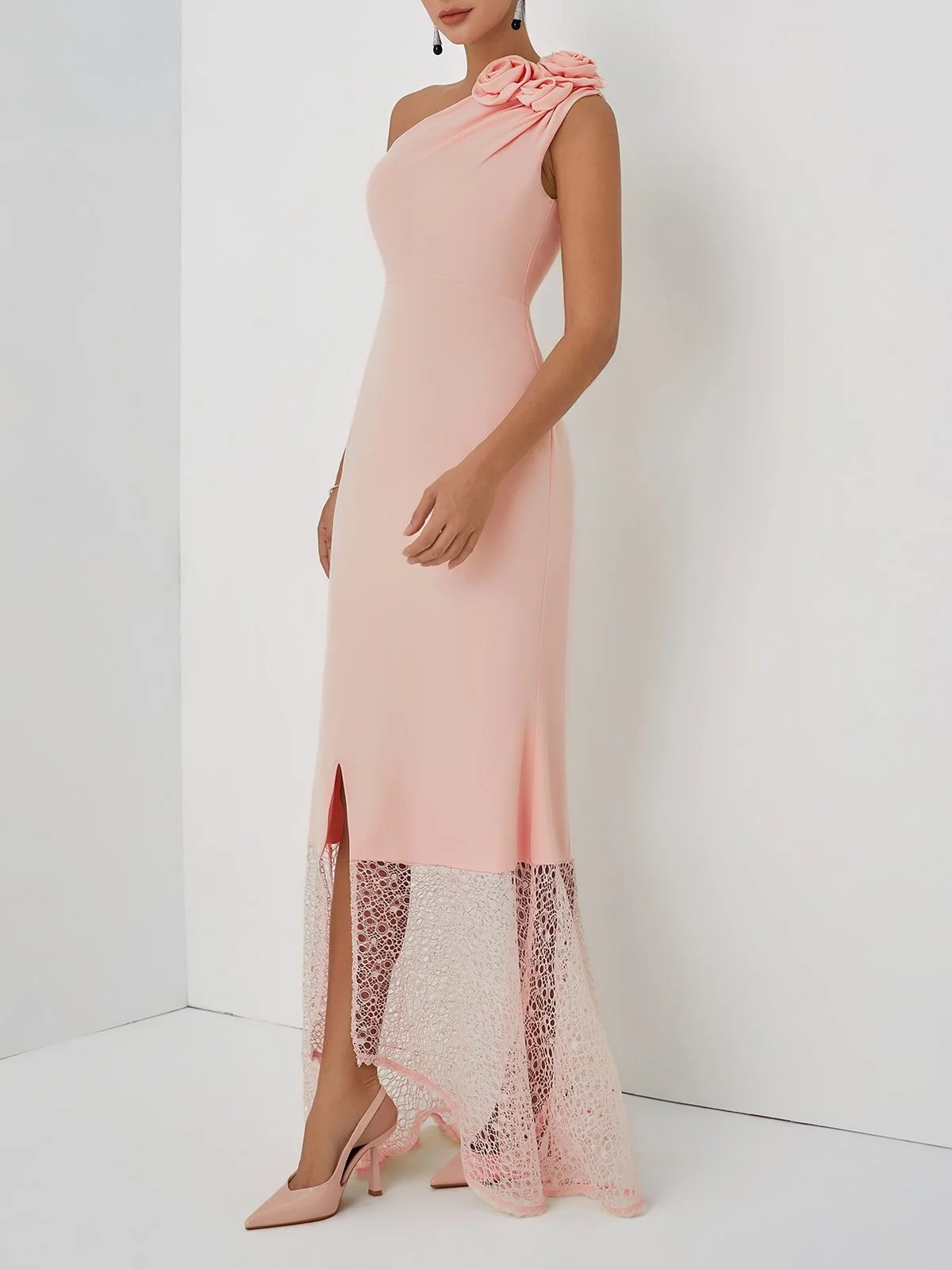 Pink 3D Floral Lace Classic One Shoulder Sleeveless Mermaid Gown Dress