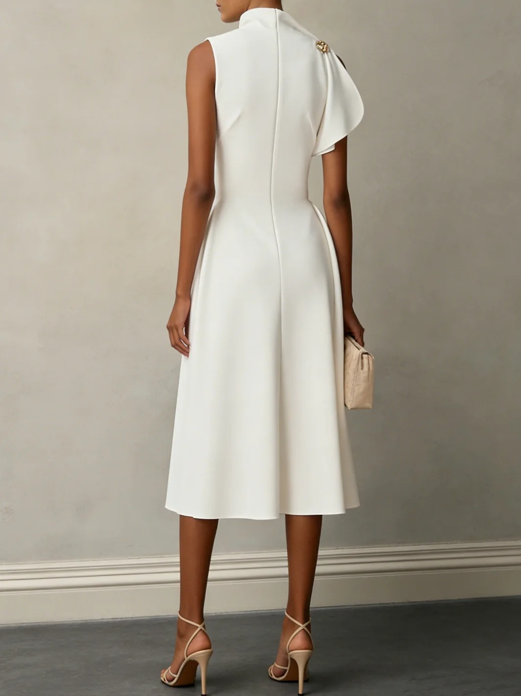 White Buckle Classic Mock Neck Short Sleeve A-Line Midi Dress