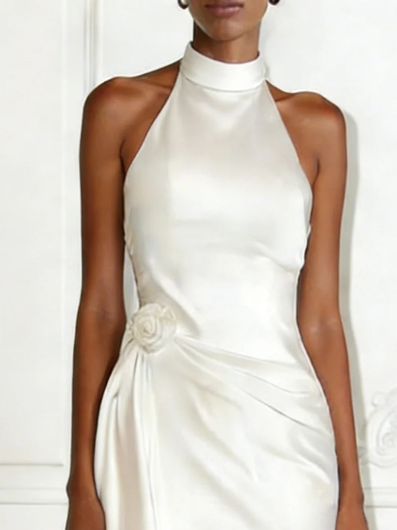 White 3D Floral Peplum Satin Mock Neck Sleeveless Sheath Midi Dress