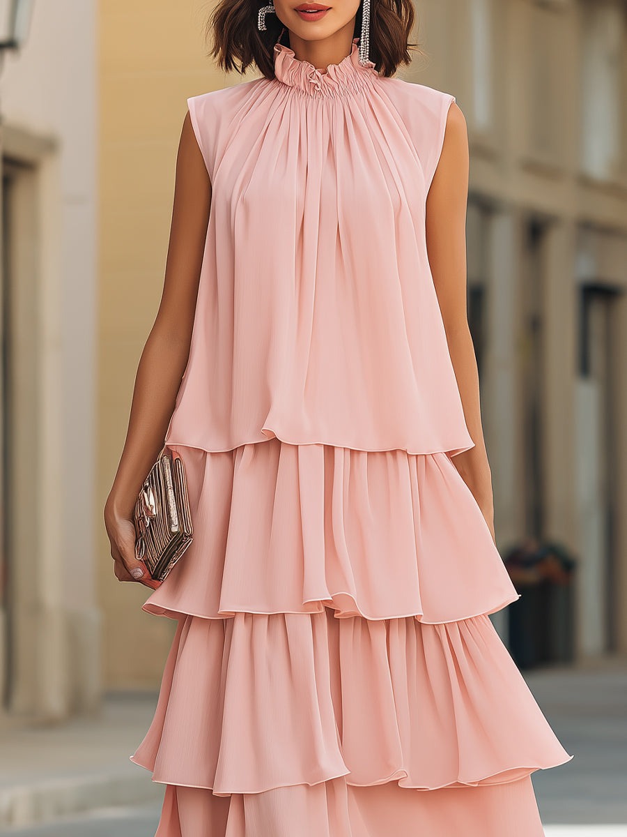 Pink Sleeveless Tiered Ruffle High-Neck Midi Dress