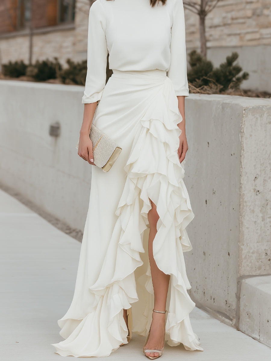 White Long Sleeve Round Neck Top And Asymmetrical Ruffle Skirt Set