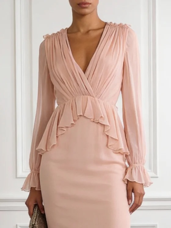Pink Ruffled Ruched Chiffon V Neck Long Sleeve Ruffle Sleeve Sheath Midi Dress