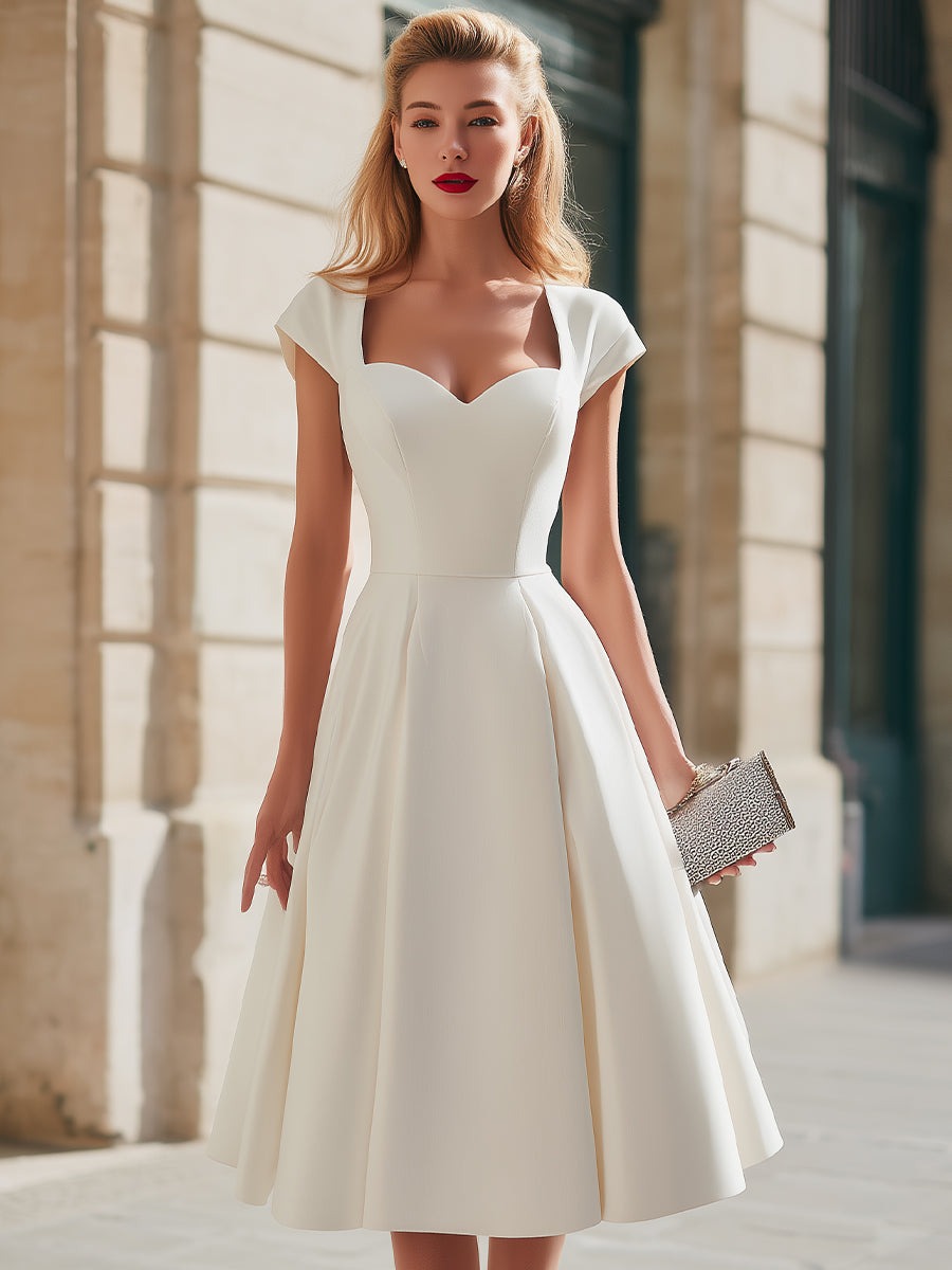 Ivory Sweetheart Neckline Cap-Sleeve A-Line Midi Dress