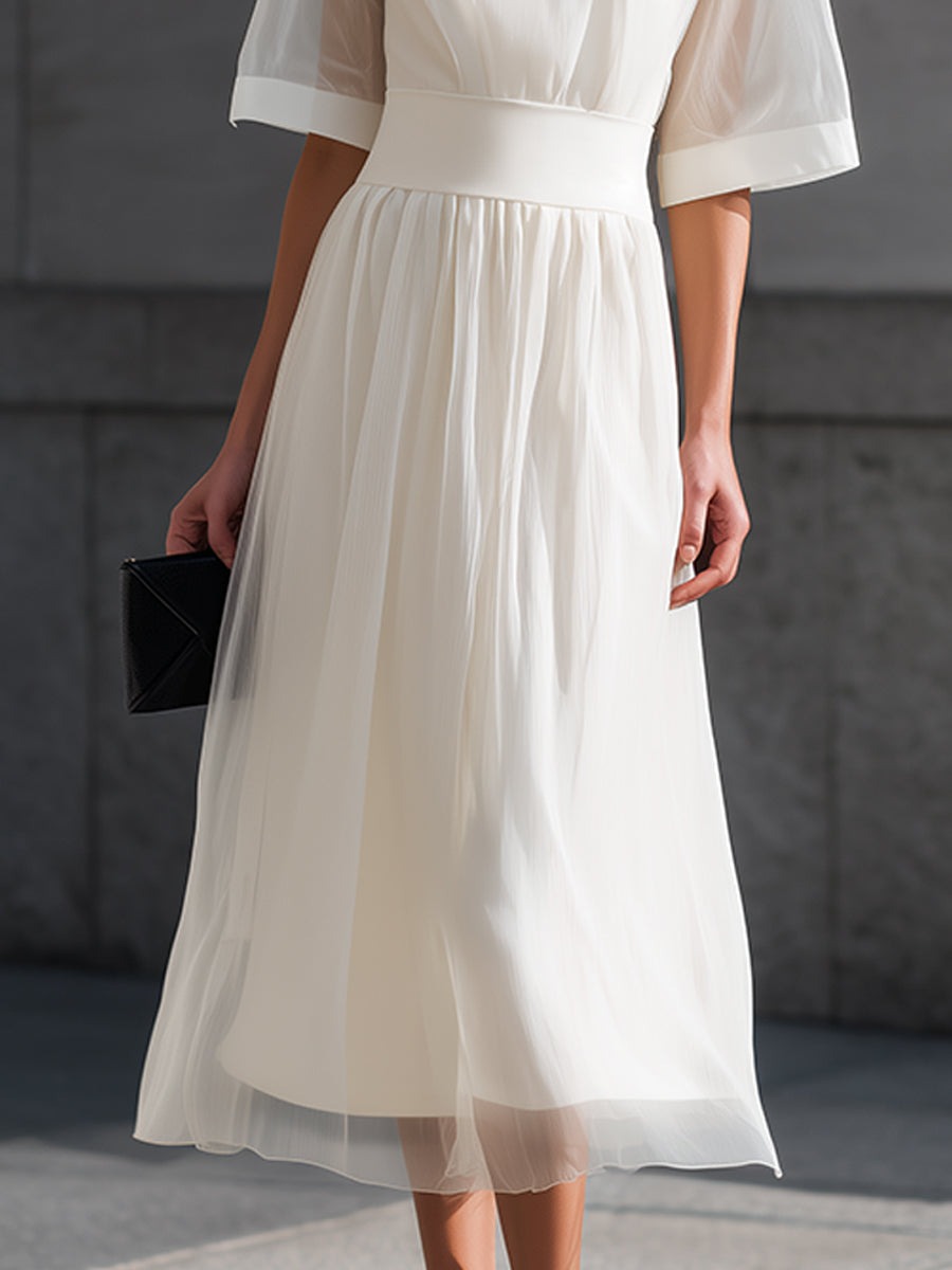 White Sheer Sleeve Waist-Defined Midi Dress