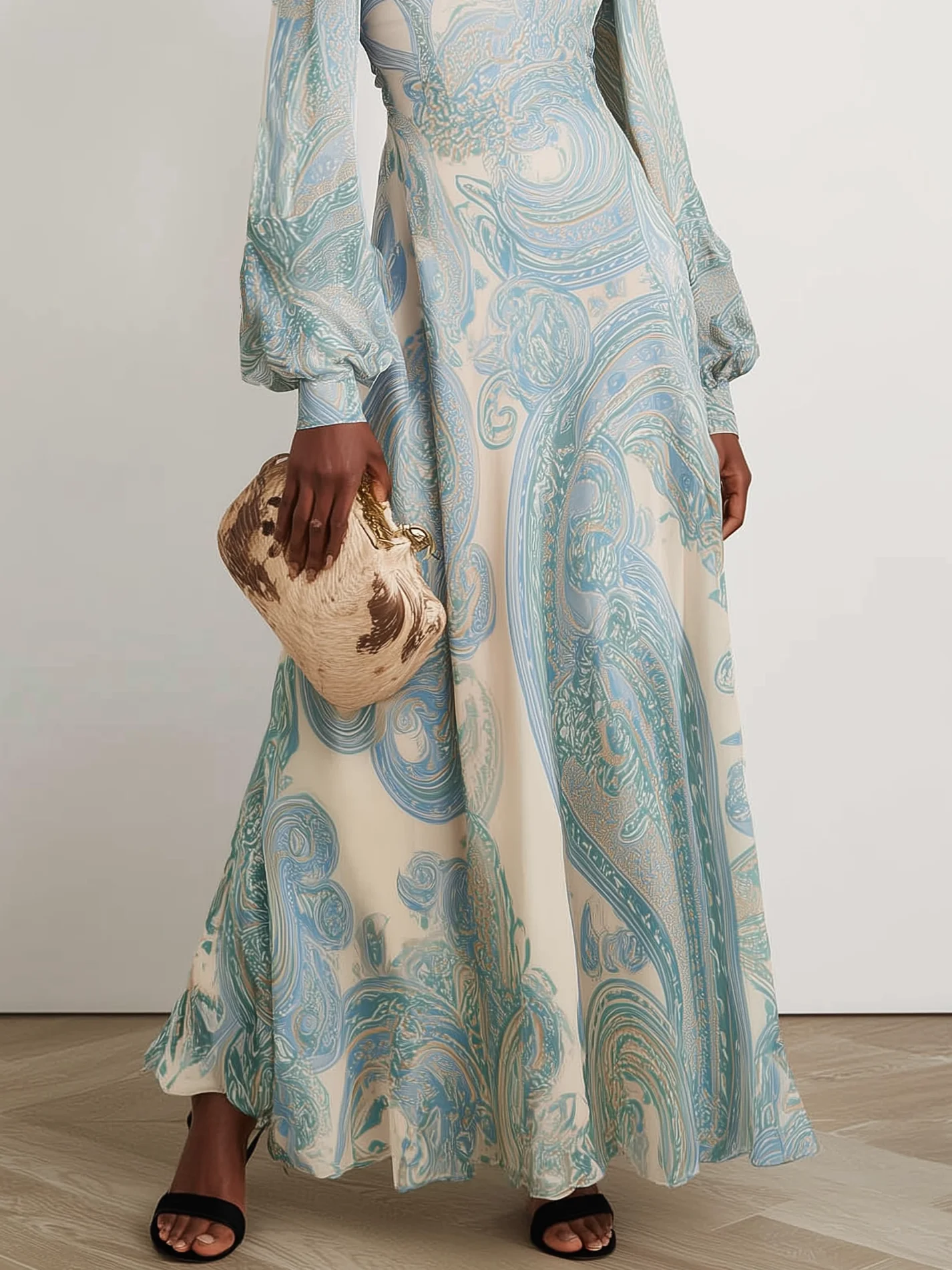Light Blue Paisley Chiffon Crew Neck Long Sleeve Balloon Sleeve A-Line Maxi Dress