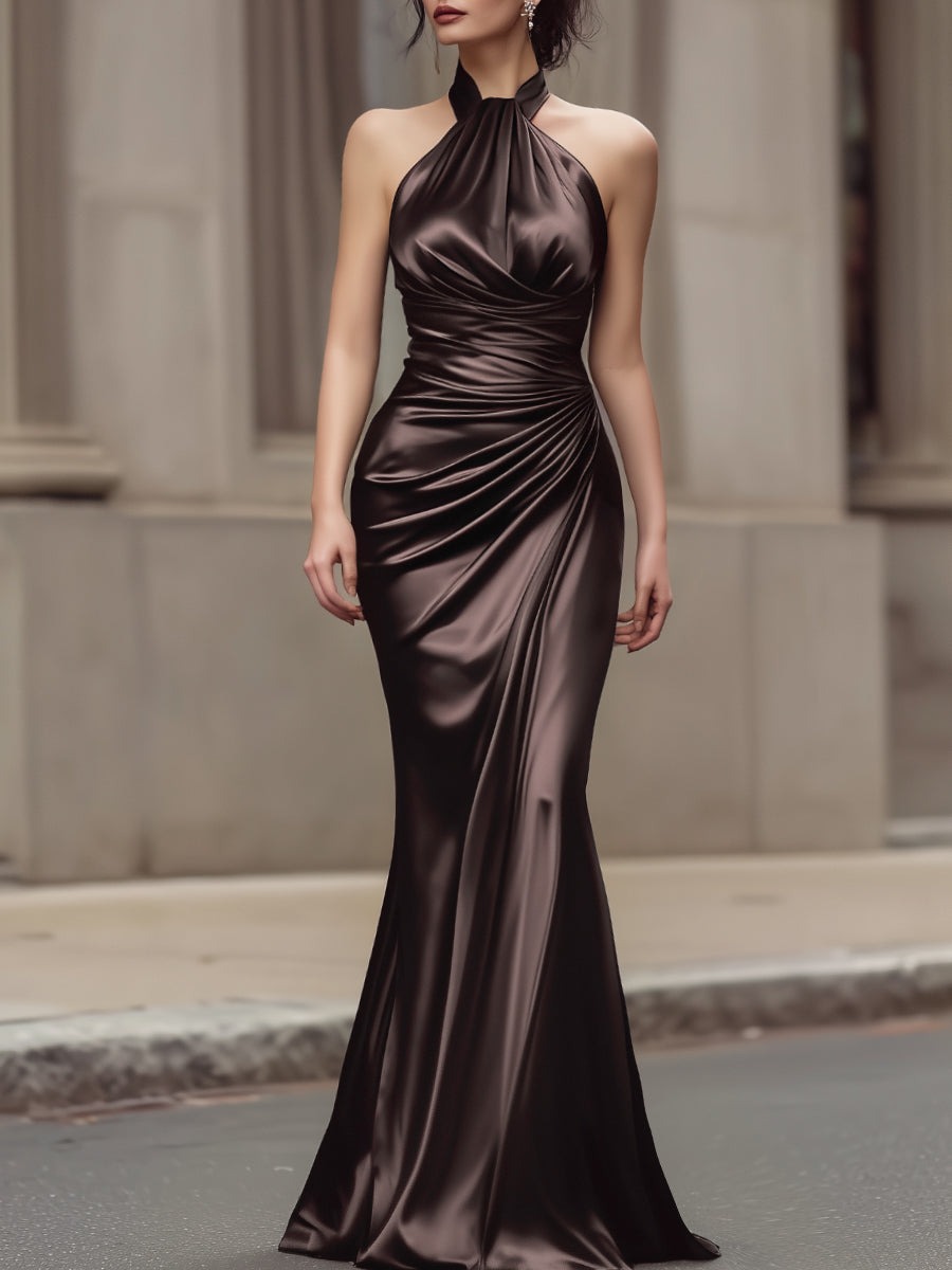 Brown Halter Neck Draped Satin Column Maxi Dress