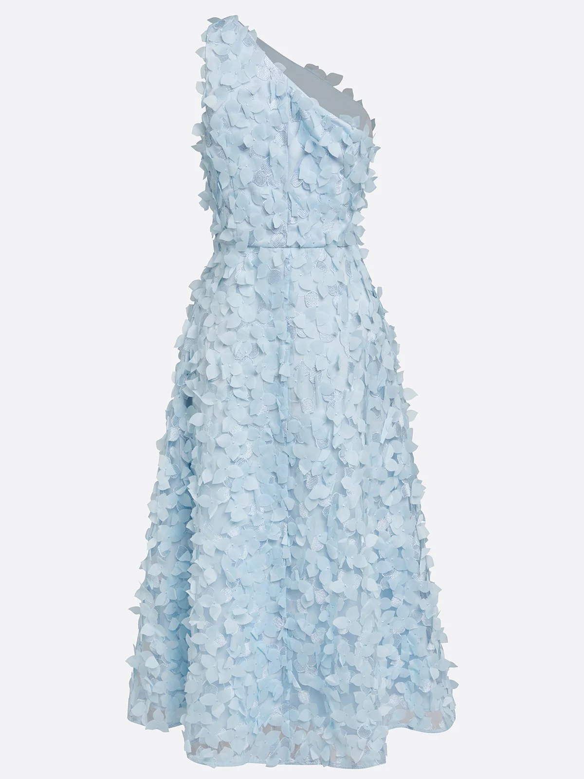 One-Shoulder 3D Floral Appliqué Midi Evening Dress
