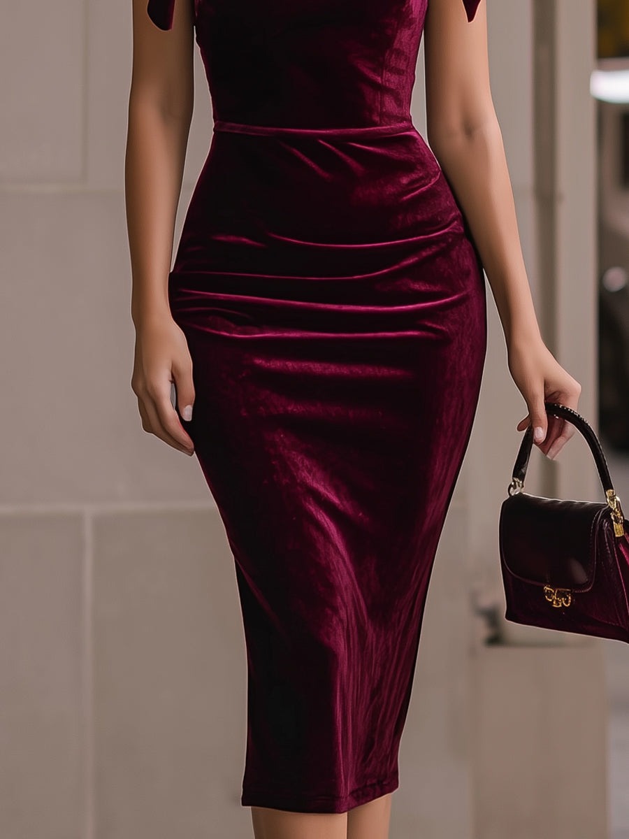Burgundy luxury Burgundy Velvet Tie-Shoulder Midi Dress
