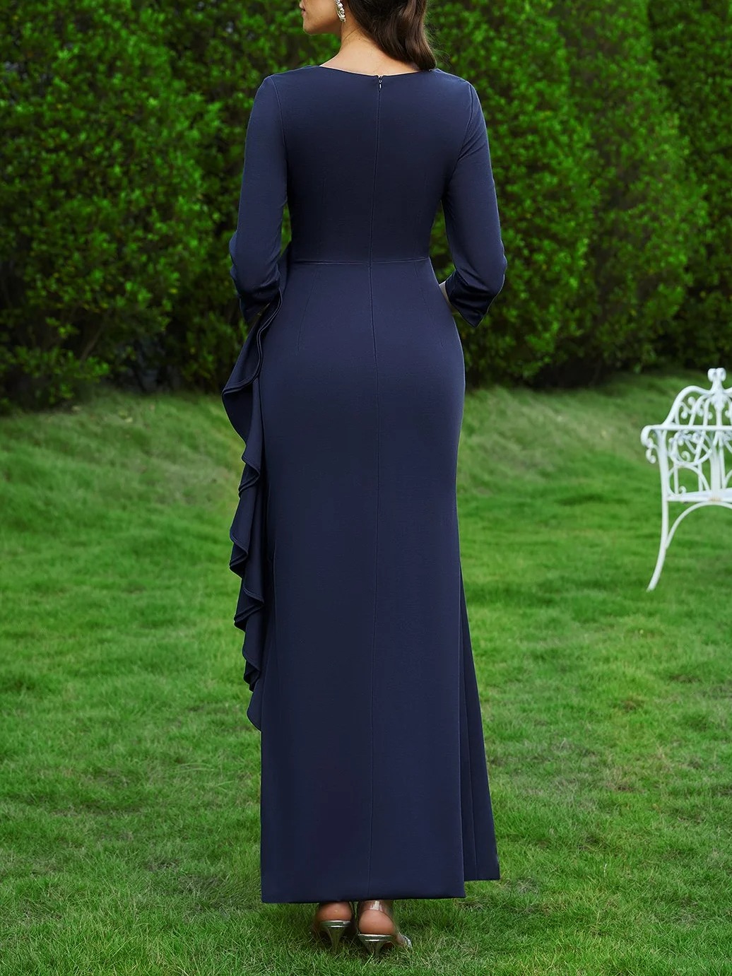 Dark Blue Ruched V Neck Long Sleeve A-Line Gown Floor Length Dress