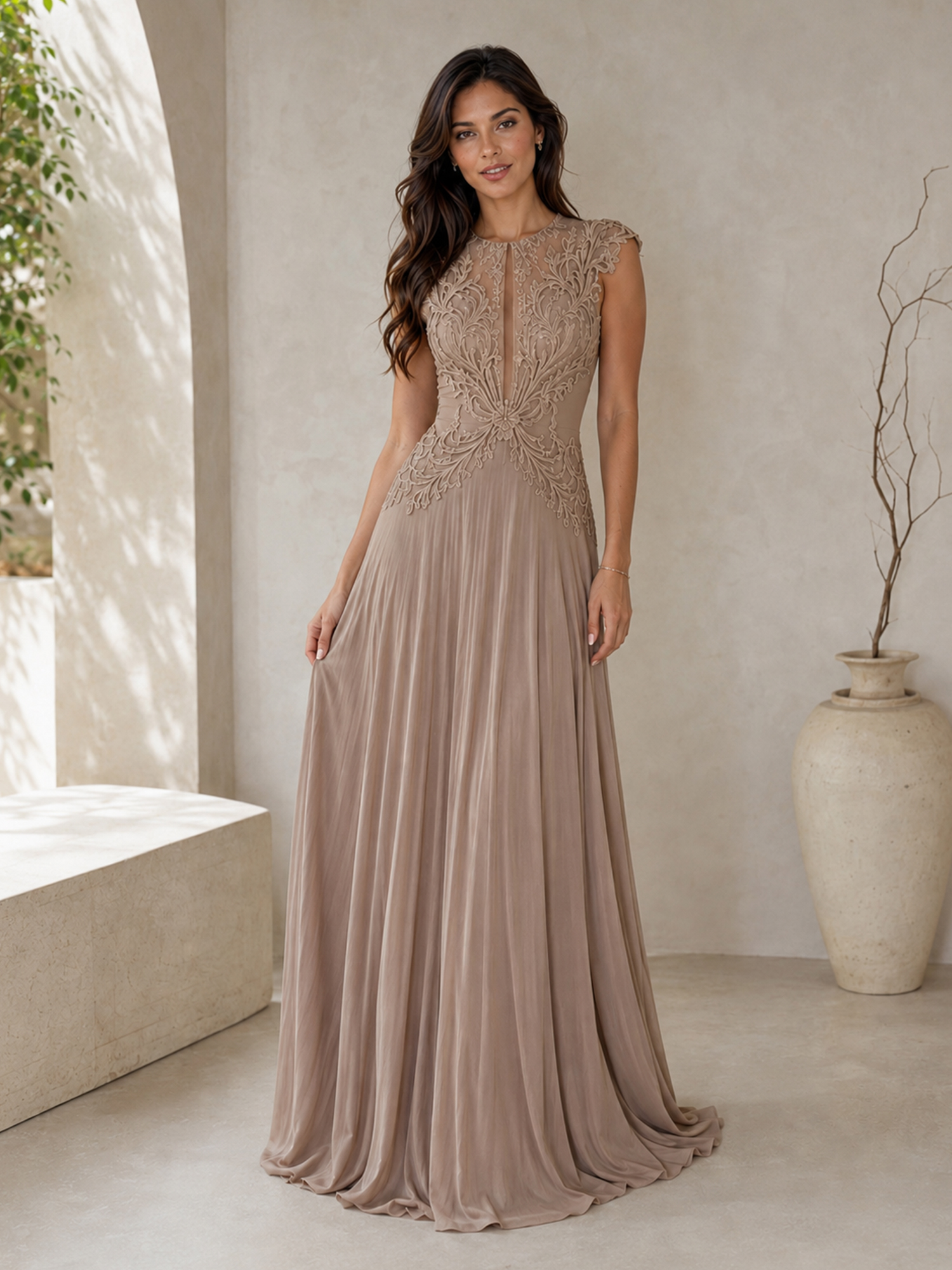 Embroidered Applique Pleated Long Evening Gown