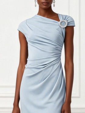 Light Blue Gathered Rhinestone Knit Asymmetrical Cap Sleeve Bodycon Midi Dress