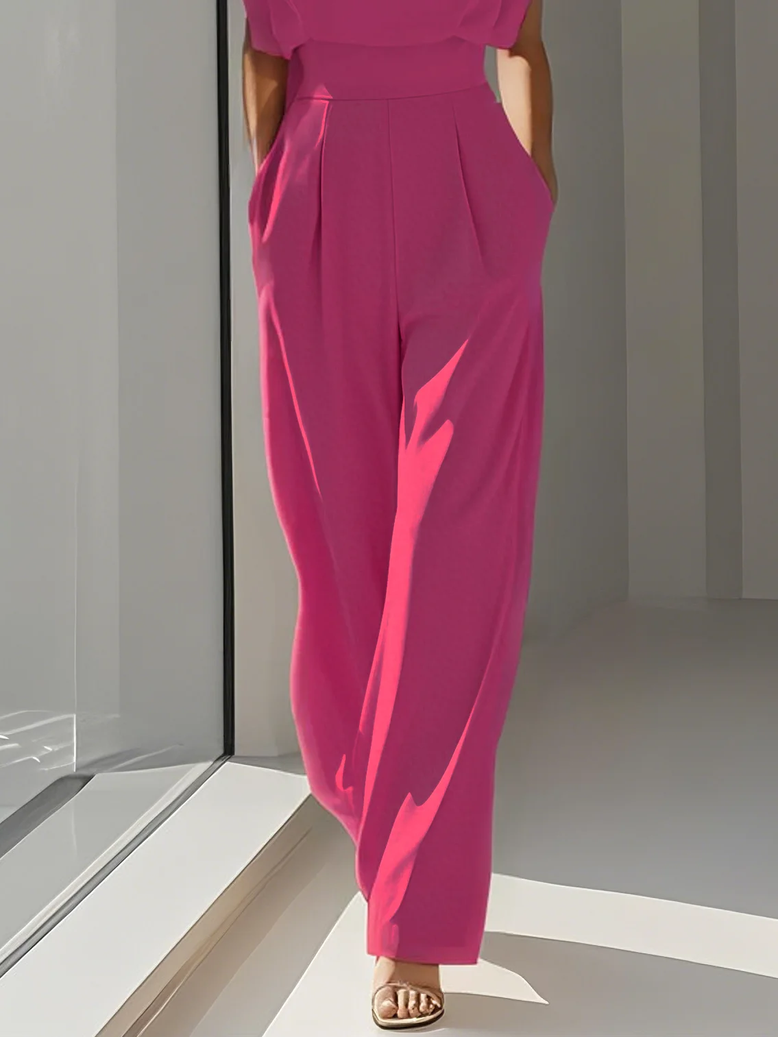 Women Off White Crew Neck Sleeveless Dressy Jumpsuit With Pockets