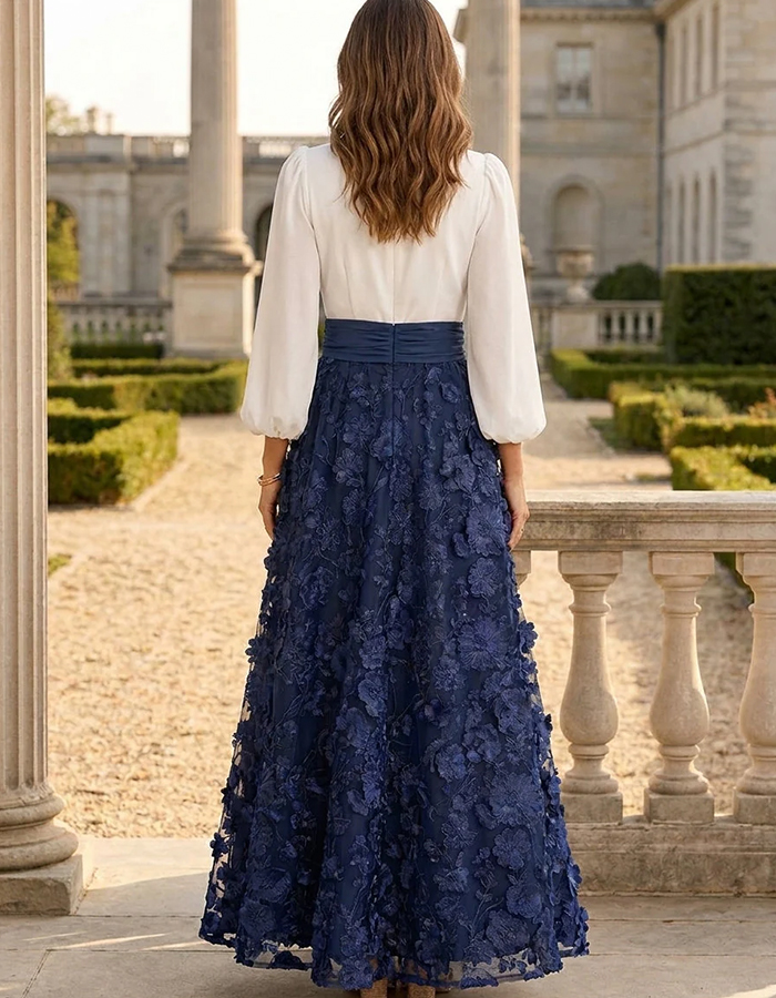 Chiffon V-Neck 3D Floral A-Line Maxi Dress