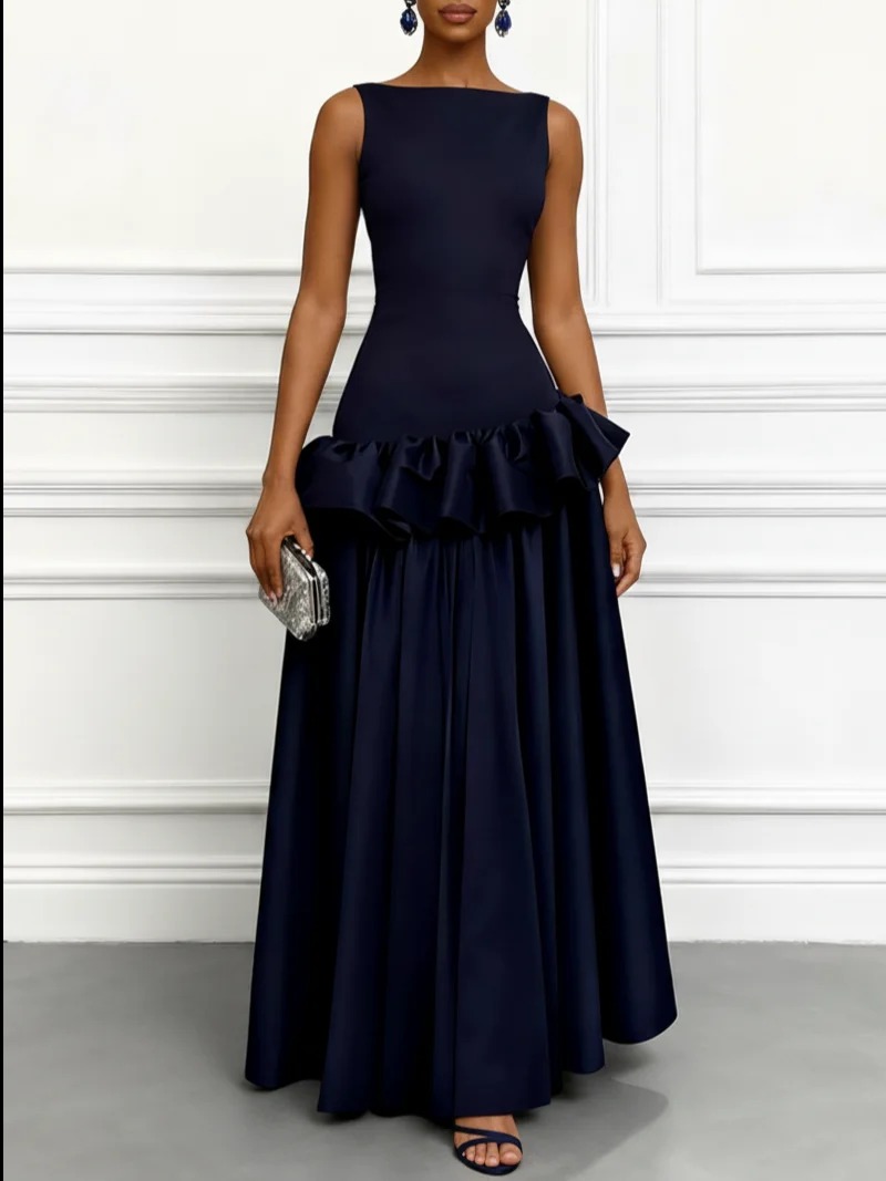 Navy Blue Ruffled Satin Boat Neck Sleeveless A-Line Maxi Dress
