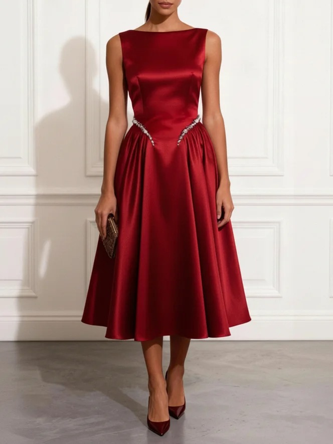 Wine Red Rhinestone Ruched Satin Boat Neck Sleeveless A-Line Midi Dress