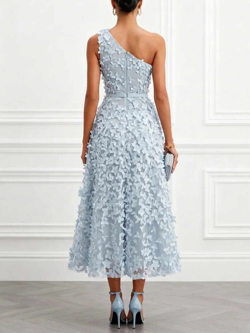 One-Shoulder 3D Floral Appliqué Midi Evening Dress