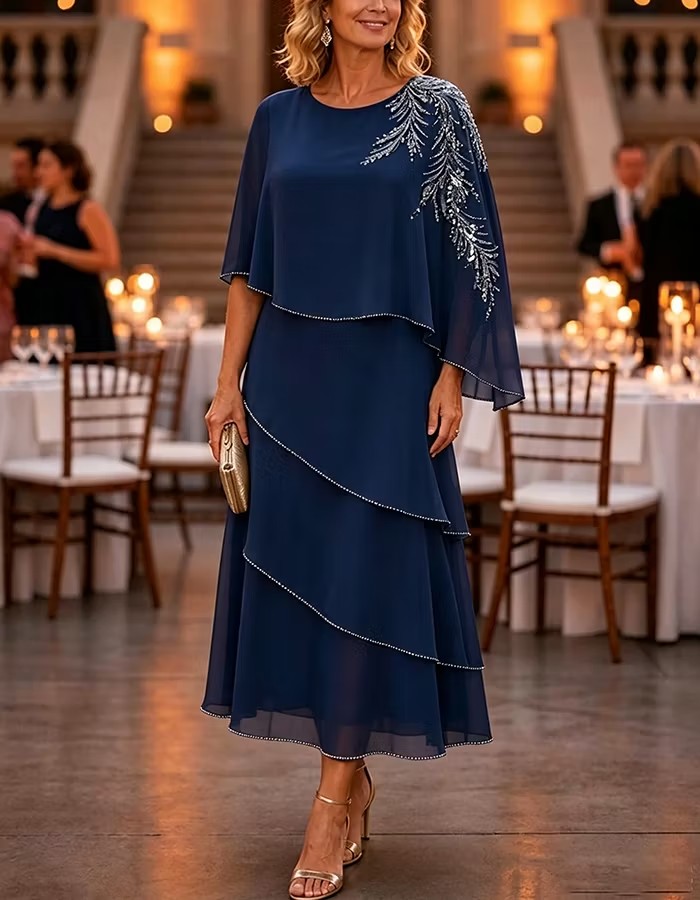 Beaded Chiffon Overlay Layered Midi Dress