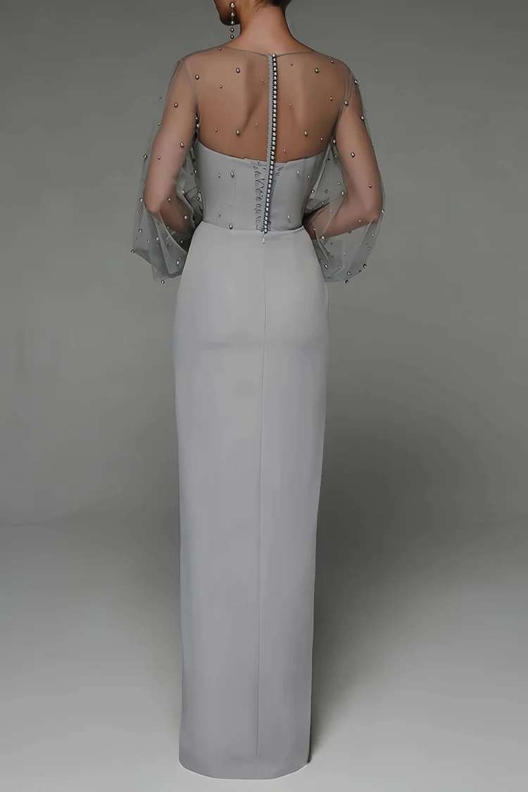 Faux Pearl Lantern Sleeve Midi Dress