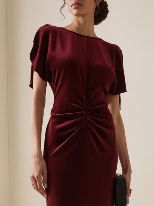 Burgundy Shirred Velvet Boat Neck Short Sleeve Split Sleeves Sheath Gown Dress