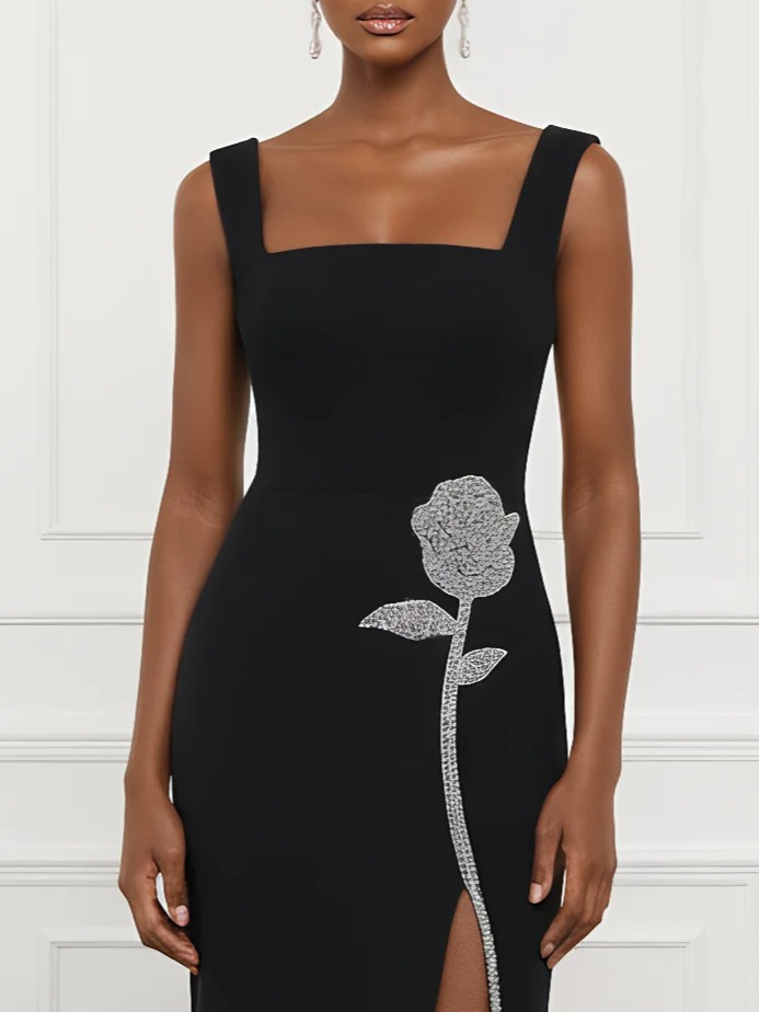 Black Applique Rhinestone Knit Square Neck Sleeveless Sheath Gown Dress
