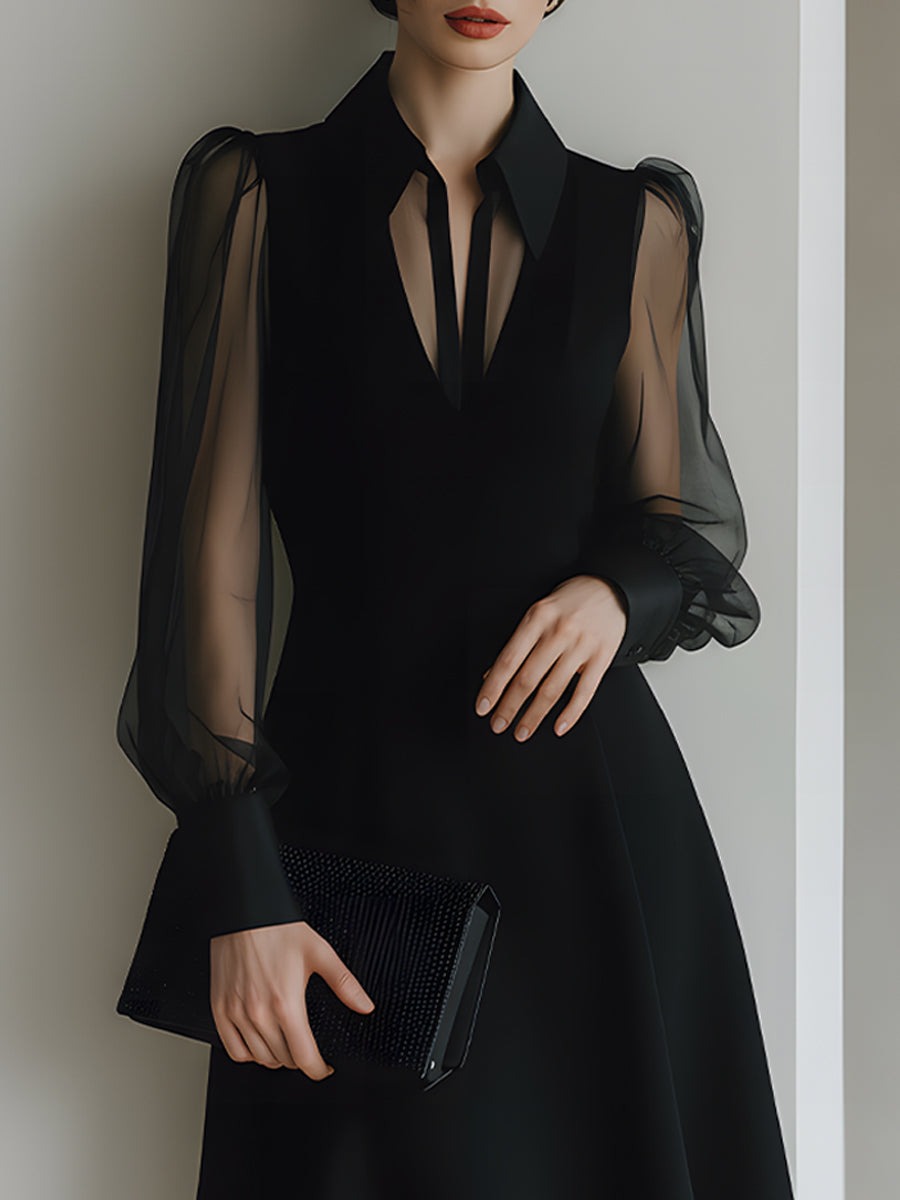 Black Sheer Sleeve Collared A-Line Midi Dress