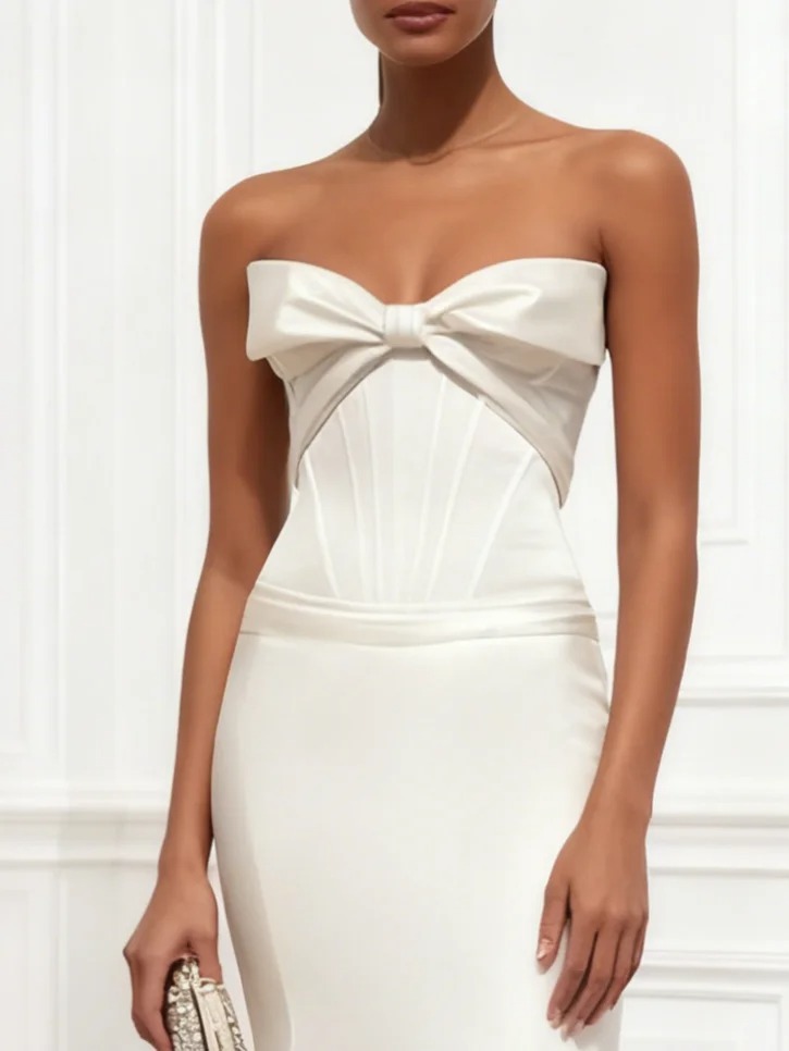 White Bow Satin Strapless Sleeveless Mermaid Gown Dress