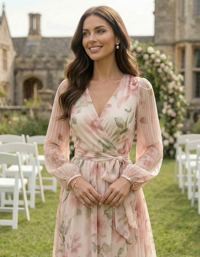 Pink Floral V-Neck Tie Chiffon Maxi Dress
