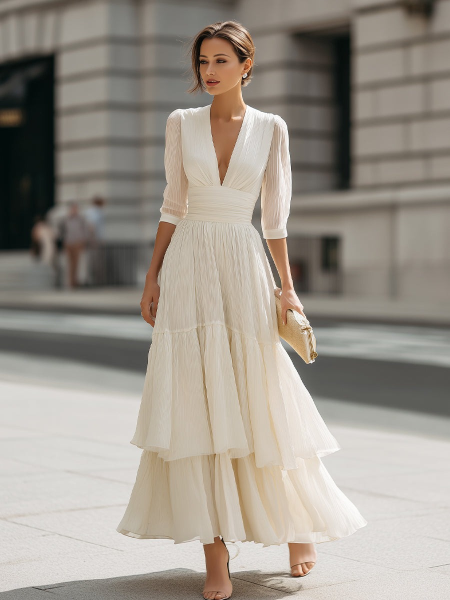 Ivory V-Neck Pleated Tiered Maxi Dress