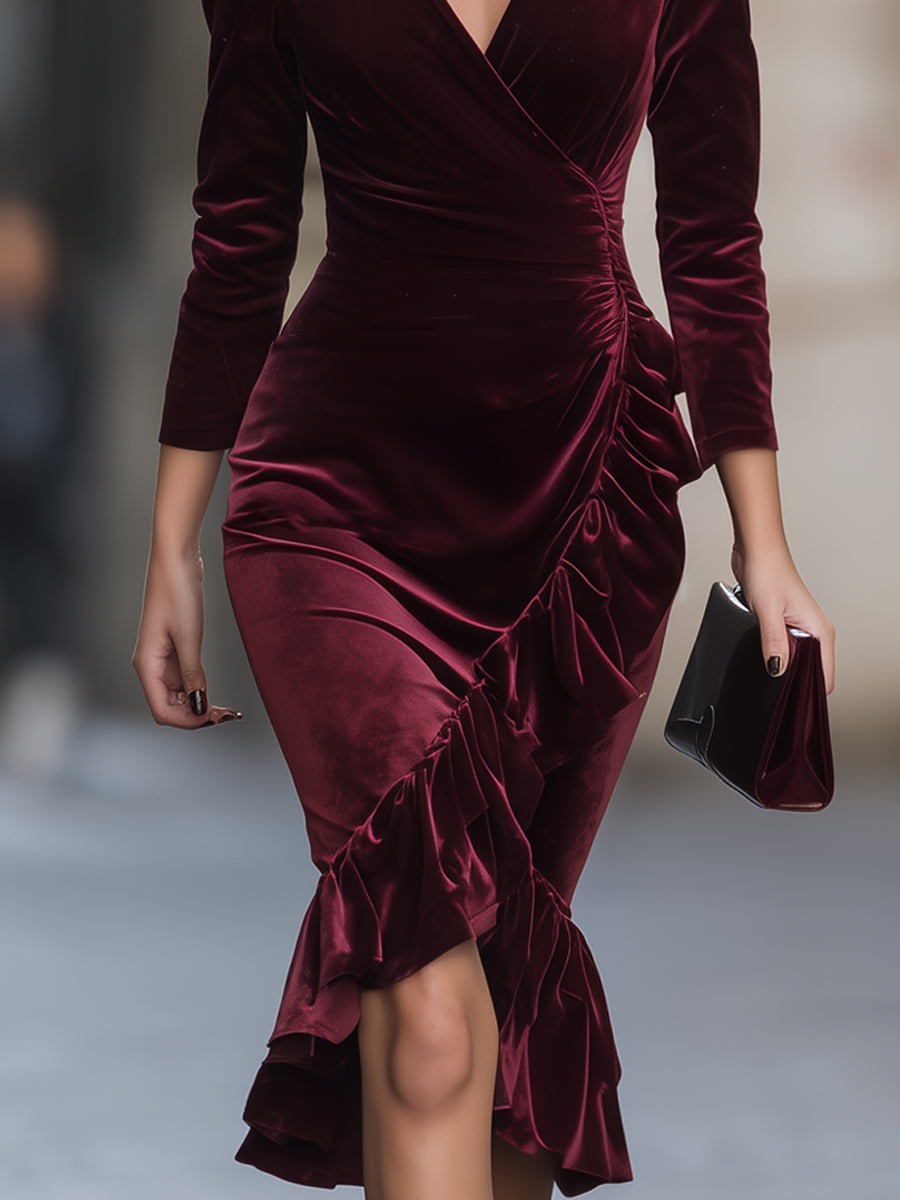 Burgundy Velvet Wrap Midi Dress – Luxe Silhouette With Romantic Ruffles