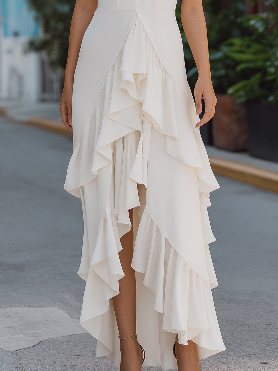 White Elegant Spaghetti Strap Asymmetrical Ruffle Maxi Dress