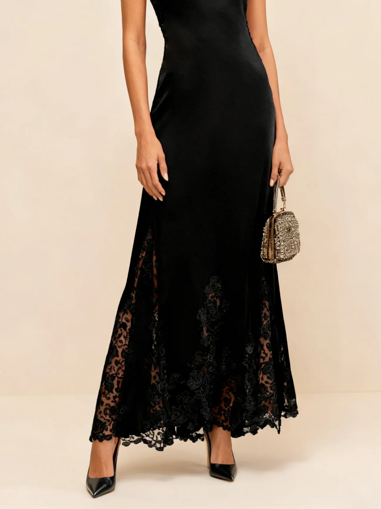 Black Lace Classic Mock Neck Sleeveless Raglan Sleeve Mermaid Maxi Dress