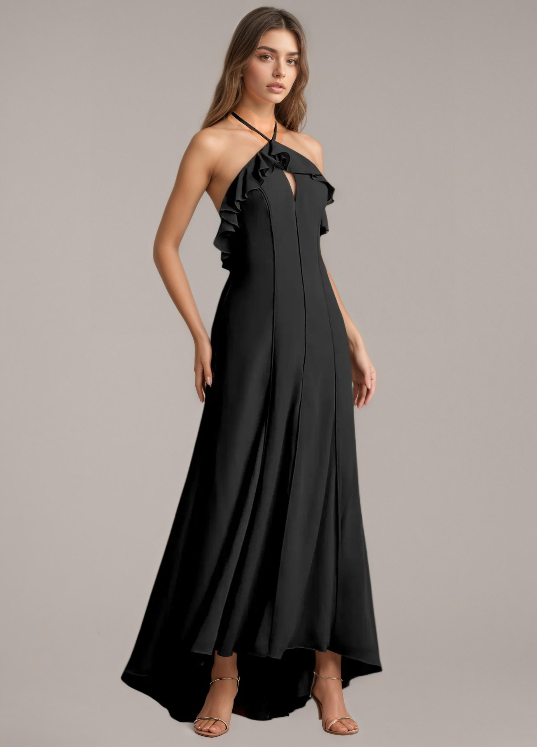 Black Halter Ruffle Asymmetrical Gown