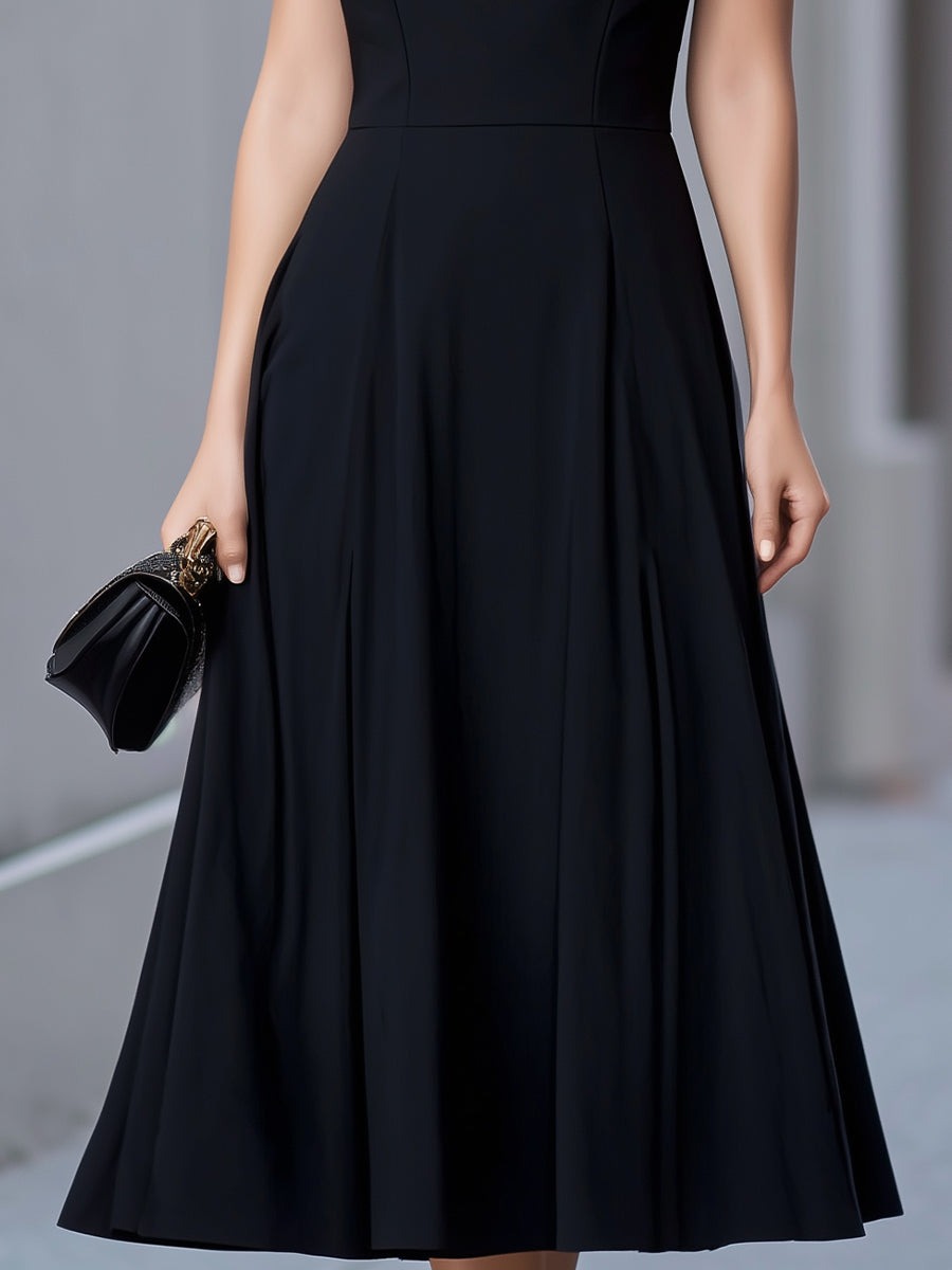Chic Off-the-Shoulder Black Midi Dress With Sheer Yoke Detail