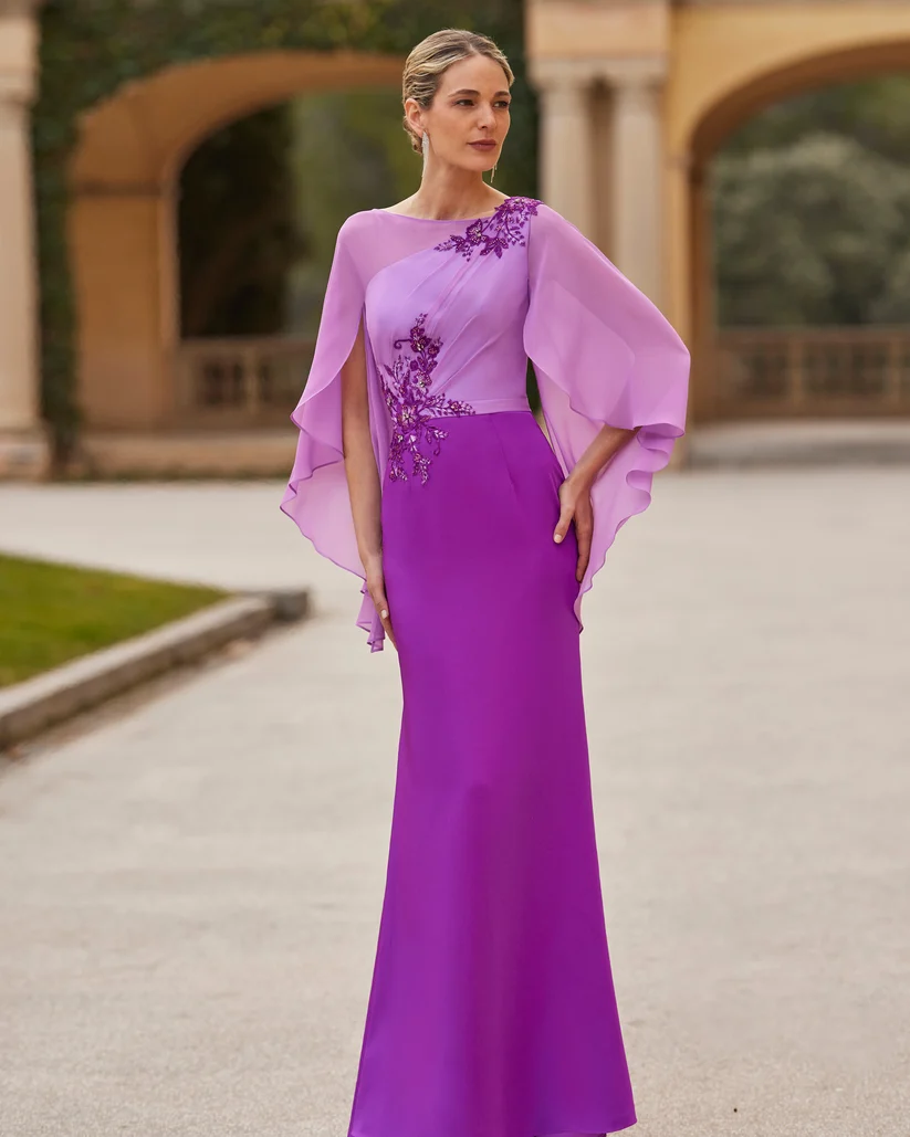 Chiffon Capelet Sheath Long Evening Dress With Beaded Embroidery