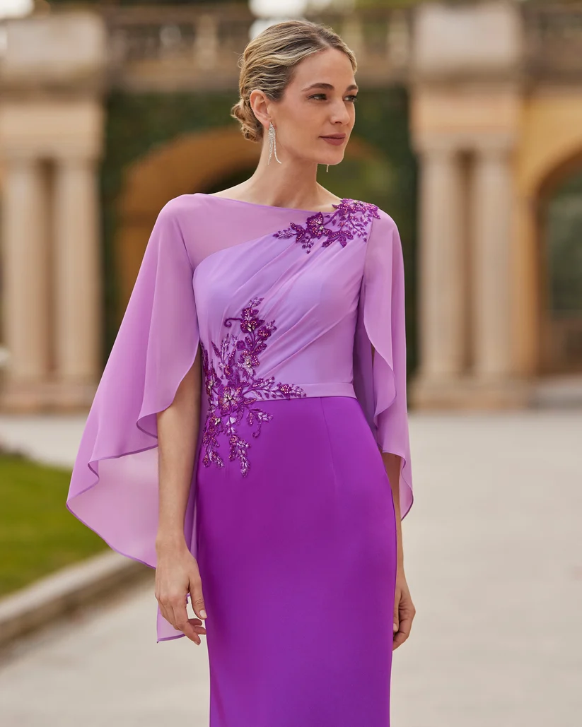 Chiffon Capelet Sheath Long Evening Dress With Beaded Embroidery