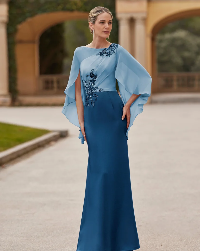 Chiffon Capelet Sheath Long Evening Dress With Beaded Embroidery