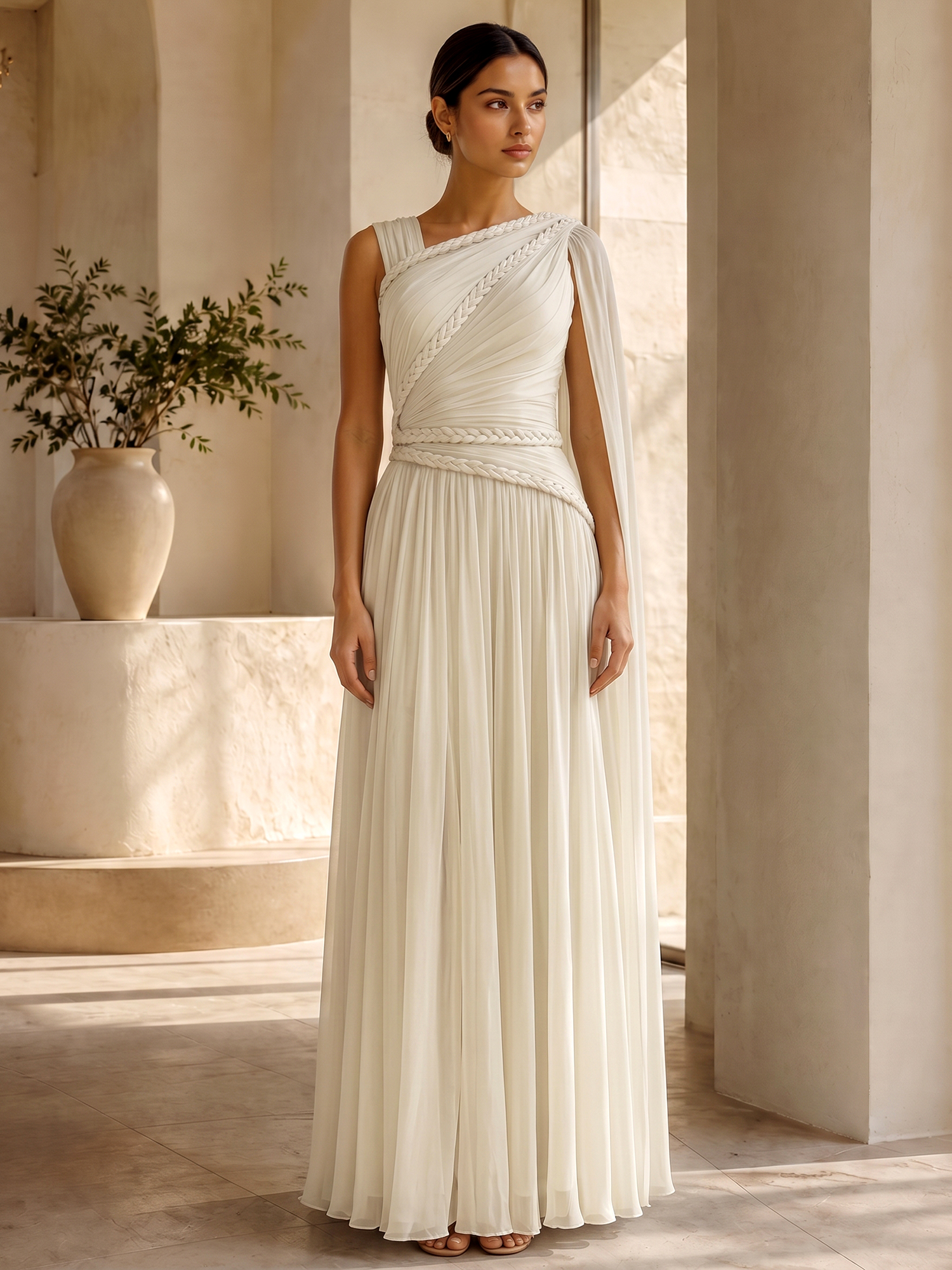 Grecian Goddess One-Shoulder Pleated Chiffon Evening Gown with Braided Detailing