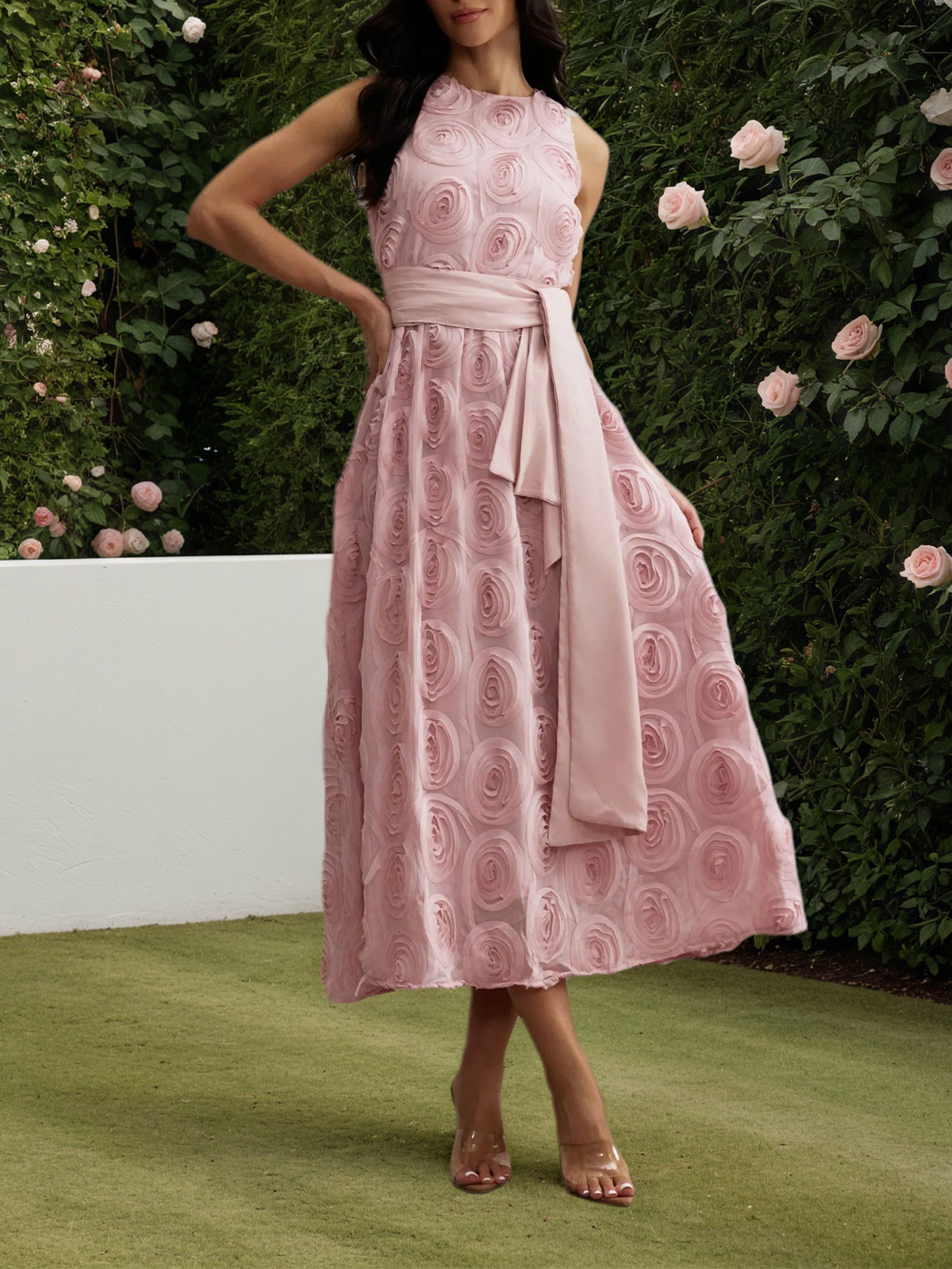 Pink Rosette Applique Sleeveless Maxi Dress