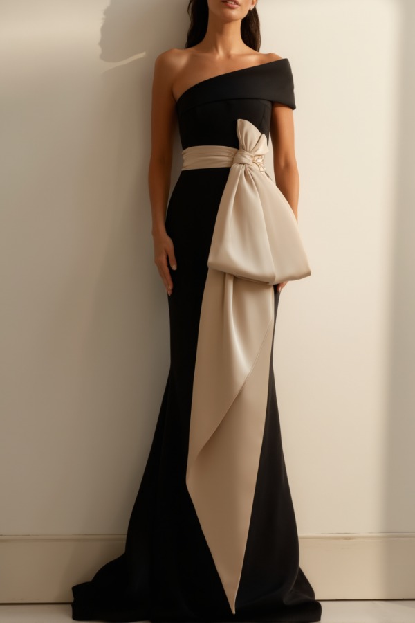 Formal Dress Black One Shoulder Bow Maxi Dress