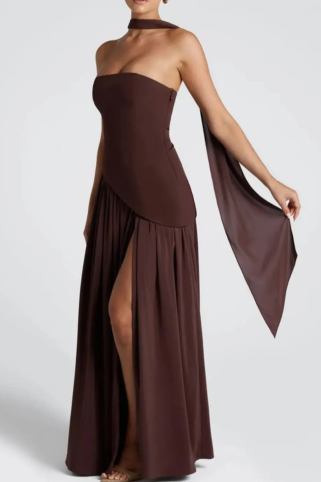 Strapless Slit Ribbon Maxi Dress