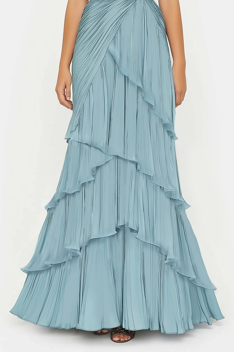 Formal Tiered Layer Dress Blue Sleeveless Pleated V-Neck Maxi Gown