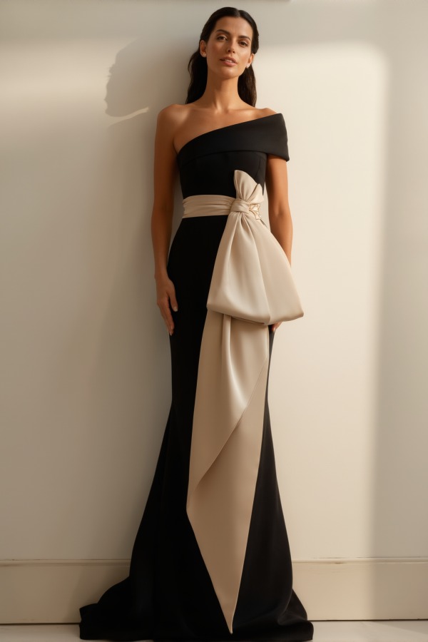 Formal Dress Black One Shoulder Bow Maxi Dress